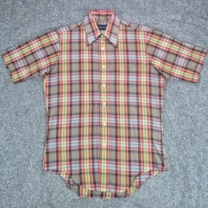 Vintage 70s Manhattan Shirt Mens 15 Plaid Short Sleeve Button Down Made in USA